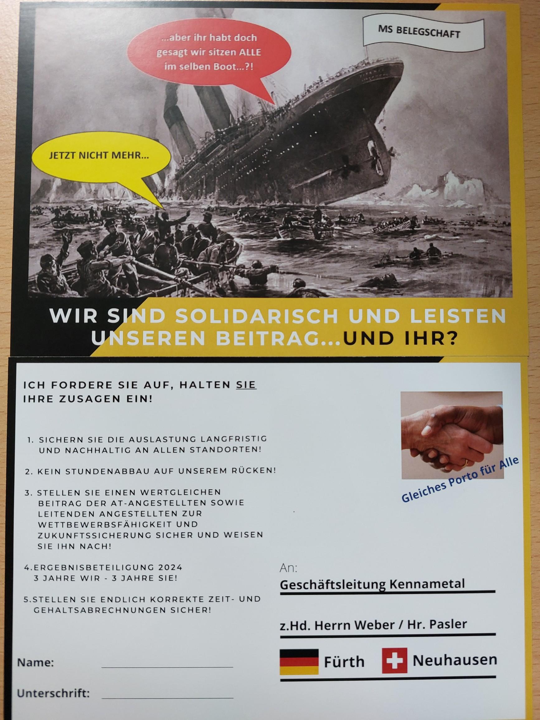 Vorderseite der Postkarte der Protestaktion bei Kennametal Vohenstrauß
