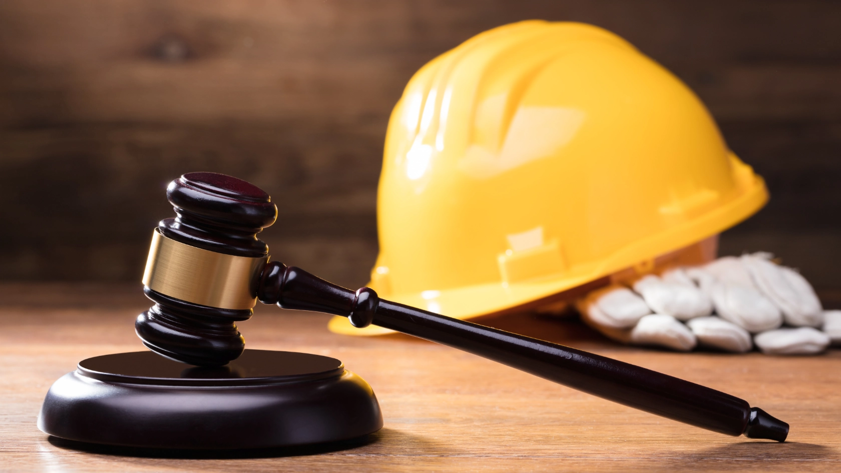 Ein Richterhammer liegt auf einem Tisch vor einem gelben Schutzhelm im Hintergrund als Symbolbild für Arbeitsrecht