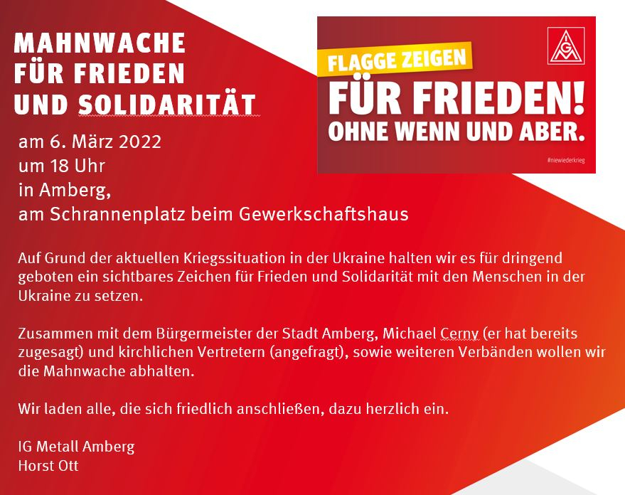 Sharepic für die Mahmwache für Frieden und Solidarität in Amberg