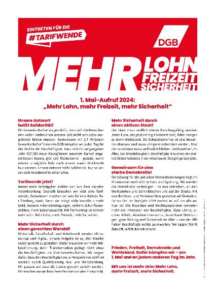 1.Mai-Aufruf 2024- Mehr Lohn- mehr Freizeit- mehr Sicherheit