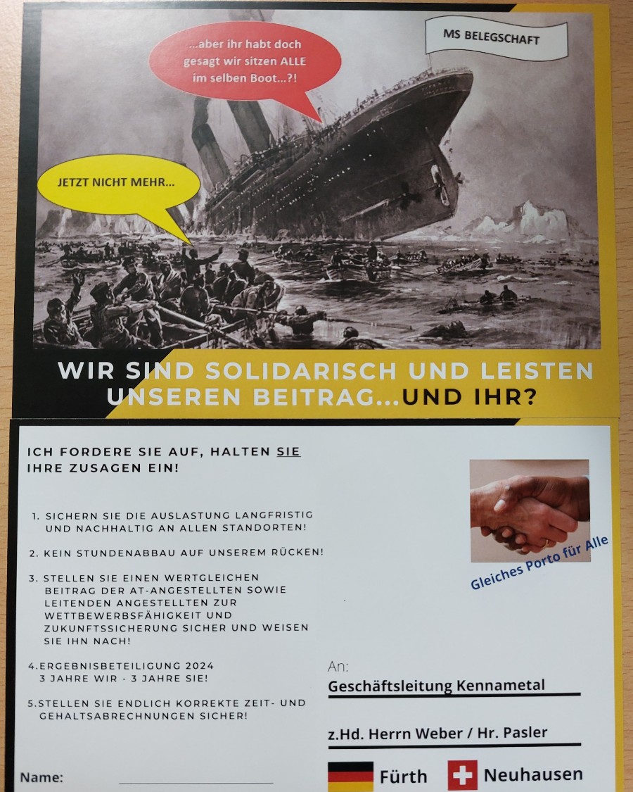 Vorderseite der Postkarte der Protestaktion bei Kennametal Vohenstrauß